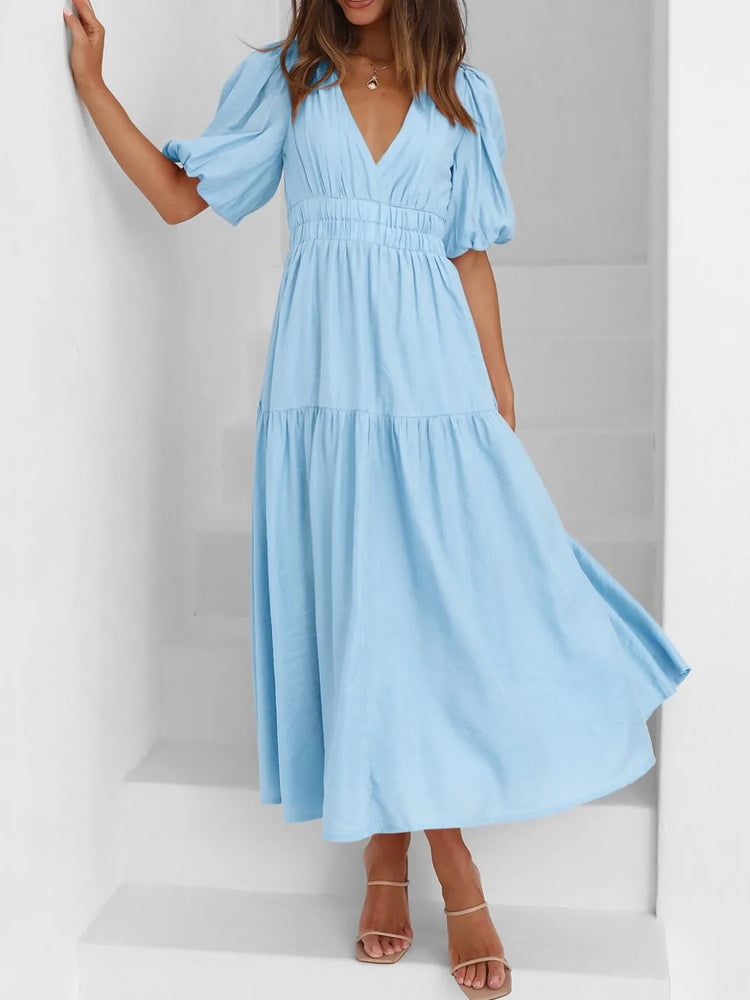 V-Neck Puff Sleeve Midi Dress